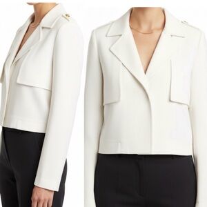 Tahari Crop Trench Blazer Jacket White with Gold Detail button Shoulders 12P